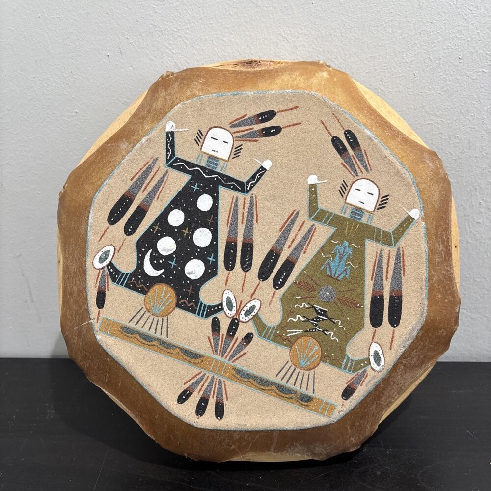 Southwest Native American Navajo Drum Sand Art Rawhide Leather Corn Dancers 10in